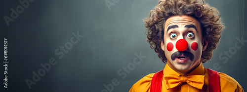 clown with an astonished expression, wearing a yellow shirt with a red bow, against a neutral background, capturing a moment of surprise or comedic shock photo