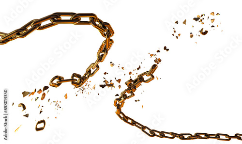 chain breaking break in pieces parts isolated golden crisis, pressure freedom, escape - 3d rendering photo