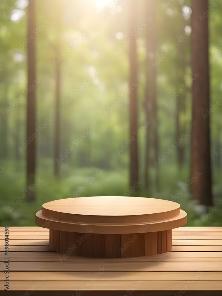 wooden podium and forest sunlight blur background wooden podium and forest sunlight blur background