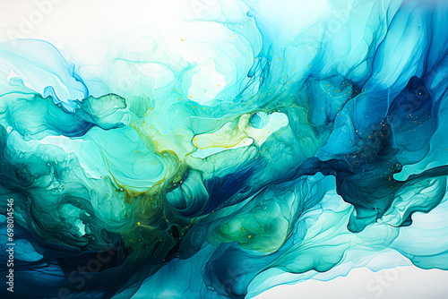 Green light abstract fluid art painting in liquid ink technique for background.  Generative Ai