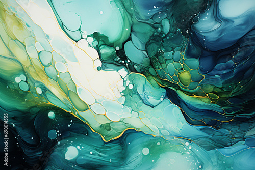 Green light abstract fluid art painting in liquid ink technique for background.  Generative Ai