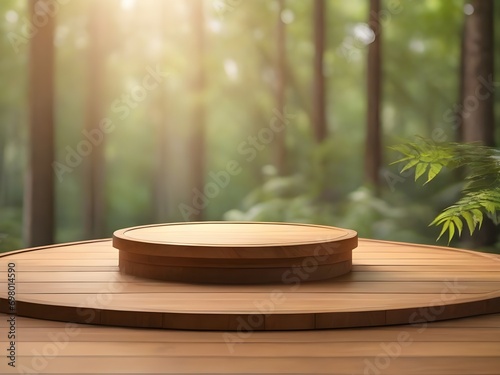wooden podium and forest sunlight blur background