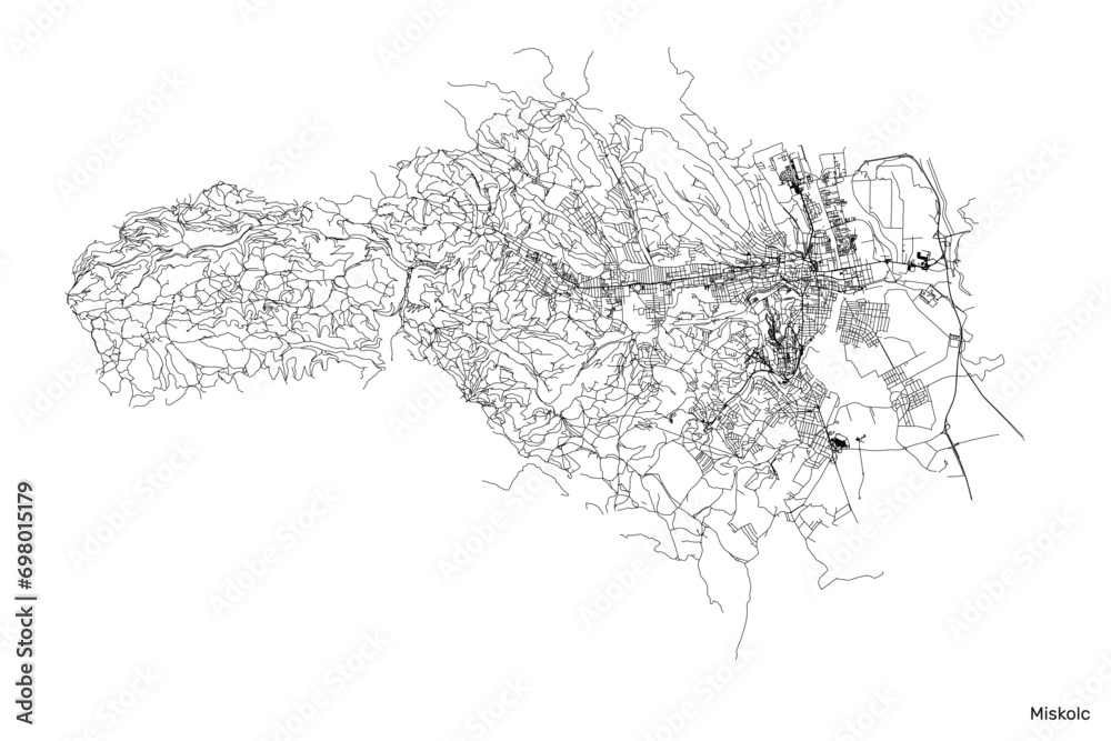 Miskolc city map with roads and streets, Hungary. Vector outline illustration. Miskolc city map with roads and streets, Hungary. Vector outline illustration.