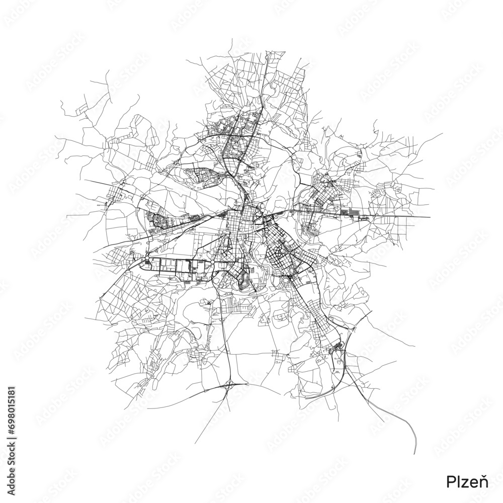 Pilsen city map with roads and streets, Czech Republic. Vector outline illustration.