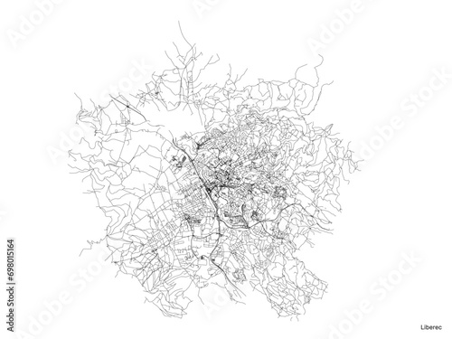 Liberec city map with roads and streets  Czech Republic. Vector outline illustration.