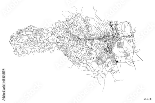 Miskolc city map with roads and streets, Hungary. Vector outline illustration. photo