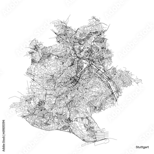 Stuttgart city map with roads and streets, Germany. Black and white. Vector outline illustration.