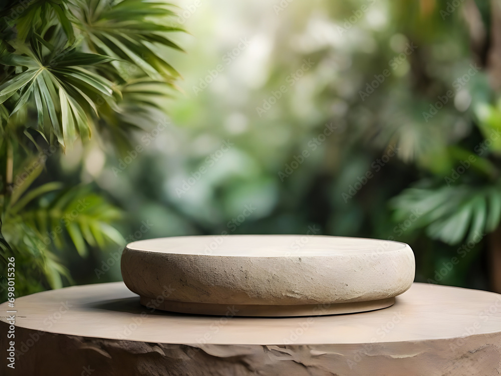 Stone round small podium with tropical leaves and blurred and close-up background 