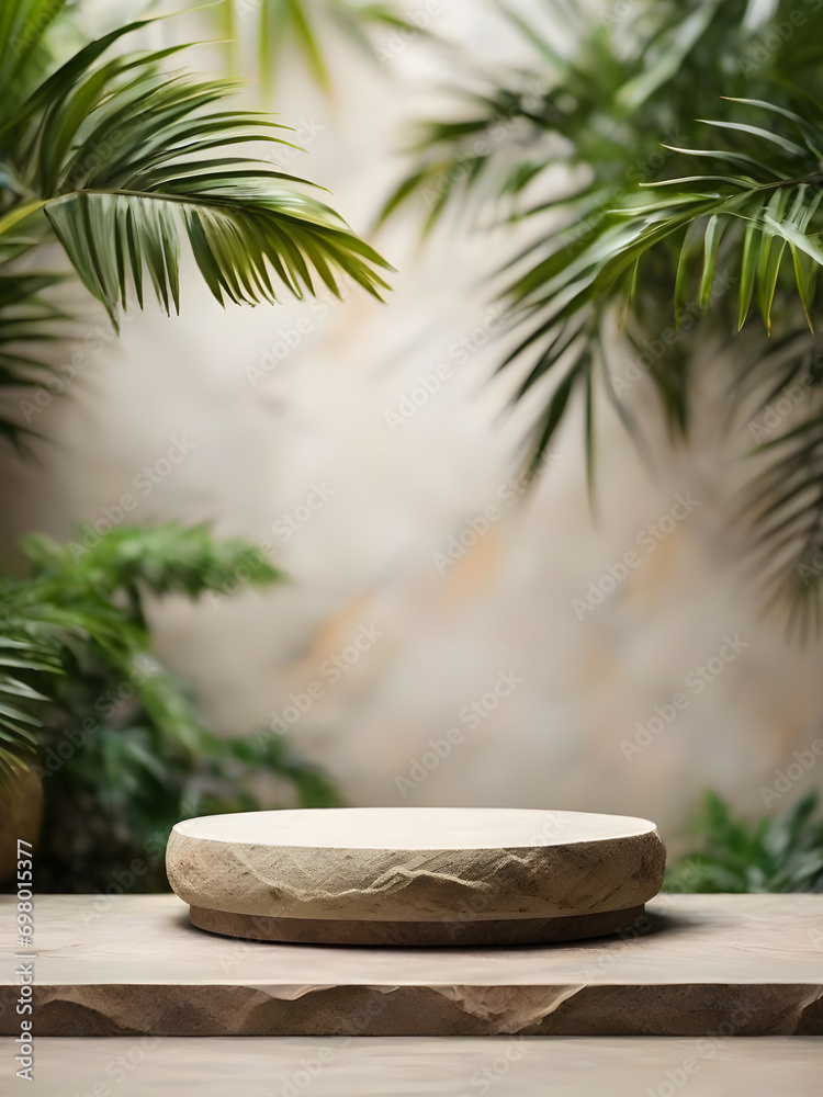 Stone round small podium with tropical leaves and blurred and close-up background Stone round small podium with tropical leaves and blurred and close-up background