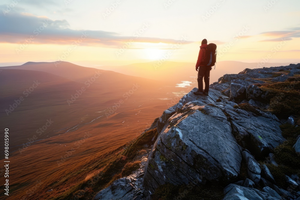 Lone Hiker's Enchanting Sunrise View Of The Vast Valley From The Mountain Edge