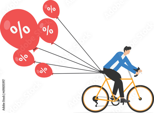 Businessman Riding a bicycle tries to pull down many inflation balloons. Reserve try to tame inflation down by interest rate hike. Stop inflation, Inflation bubble.
