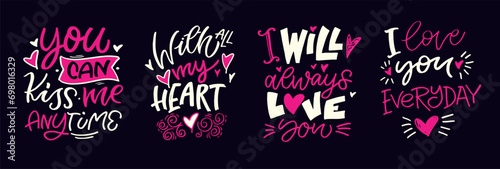 Hand drawn Valentines Day lettering typography text, badge,icon. Celebration poster, card, postcard, invitation, banner. Romantic quote vector lettering typography. Holiday calligraphy with hearts.