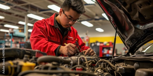 Student Engages In Automotive Repair Class By Working On A Car Engine © Anastasiia