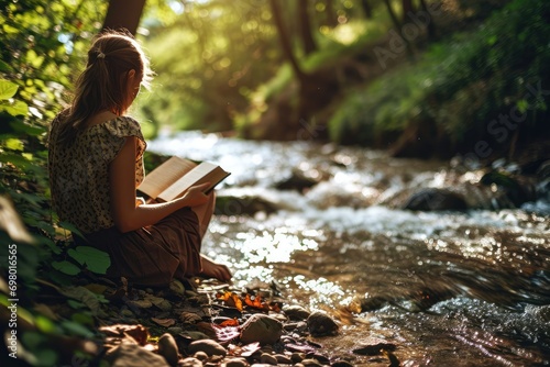 Woman Reads Book By Babbling Brook In Shaded Forest photo