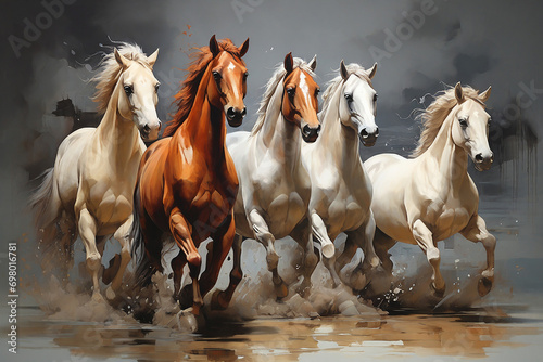 Horses running in water, digital painting, illustration of a wild horses © Юлия Васильева
