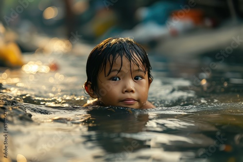 Unfortunate Asian Child Forced To Swim In Polluted River: Focused Perspective