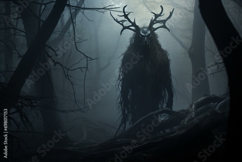 ominous creature lurking amidst misty moonlit woods. Generative AI photo