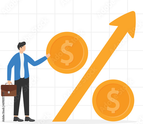 Businessman and investor is calculating profit percentage. Saving money and accumulation, stock market growth. Financial growth and wealth. Increase profits and investment fund.

