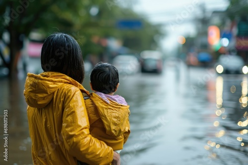 Mother And Child Observe Flooded City With Sadness photo