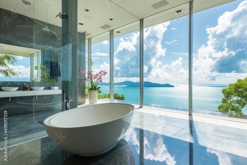 Stunning Panoramic Ocean View In Modern Villa's Luxurious Bathroom © Anastasiia