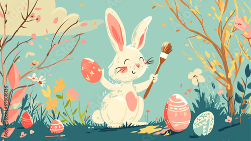 cute easter bunny painting eggs with a brush