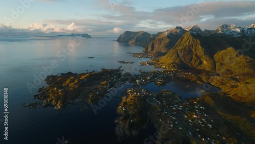 aerial view over sorvagen fishing village on lofoten islands in norway photo