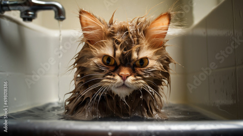 Cat's comical encounter with water. photo