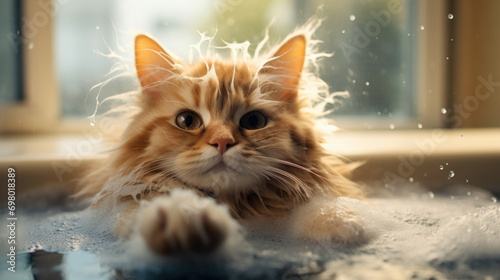 Beautiful ginger cat bathing in the bathroom © Valeriia