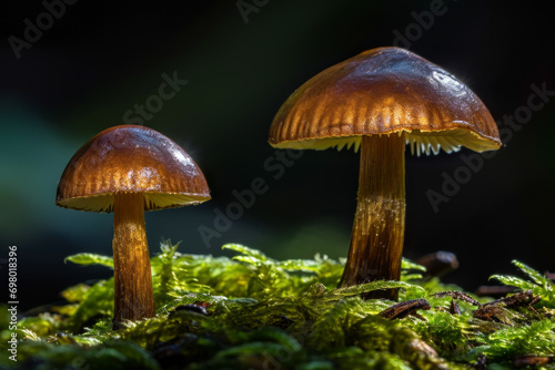 Two mushrooms growing amidst green moss, illuminated by natural light