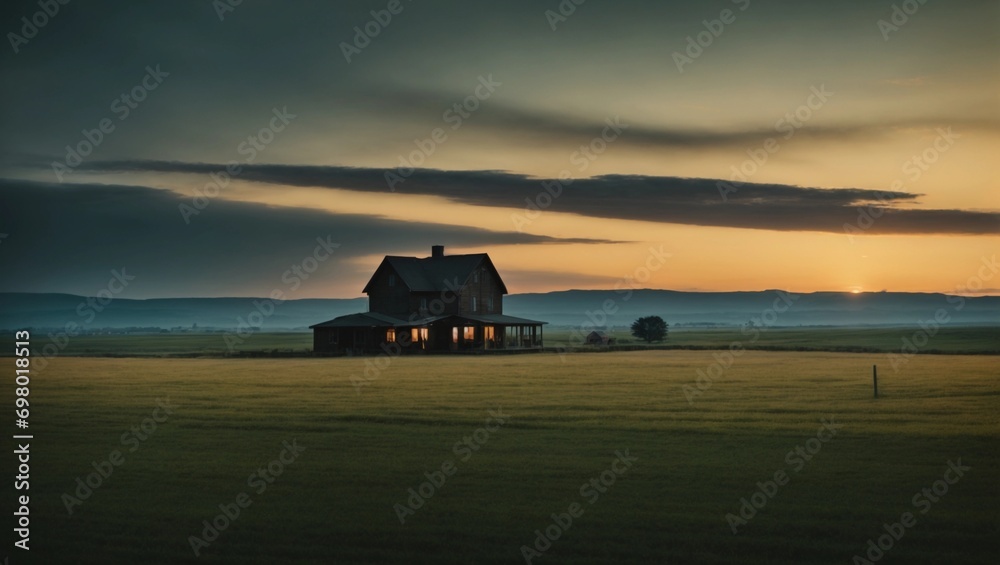 Fototapeta premium a farmhouse in the middle of a field at sunset