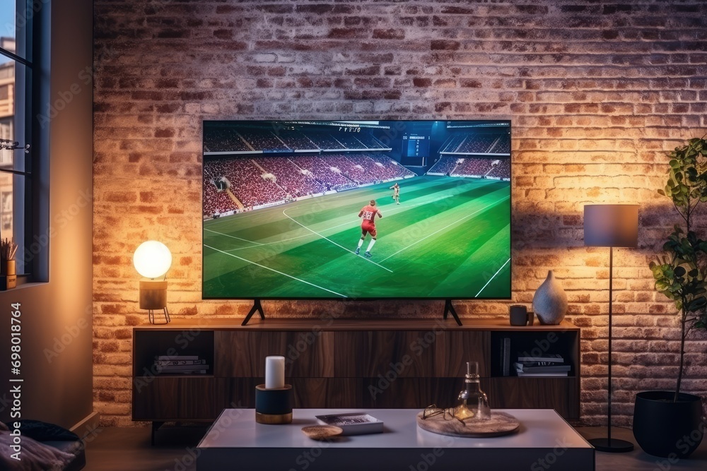 Cozy Living Room Setup with Soccer Game on Big Screen TV - obrazy, fototapety, plakaty 
