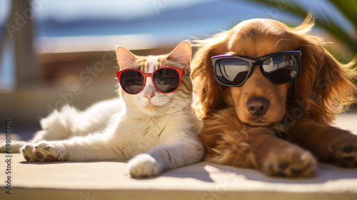 Stylish dog and cat enjoy vacation together wearing sunglasses © Valeriia
