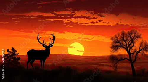 A silhouette of a buck standing proudly on a hill against the backdrop of a fiery sunset