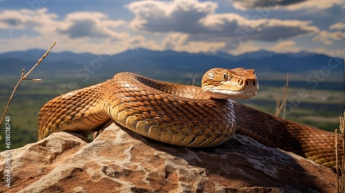 A venomous snake gracefully slithering across a rocky mountain ledge © MAY