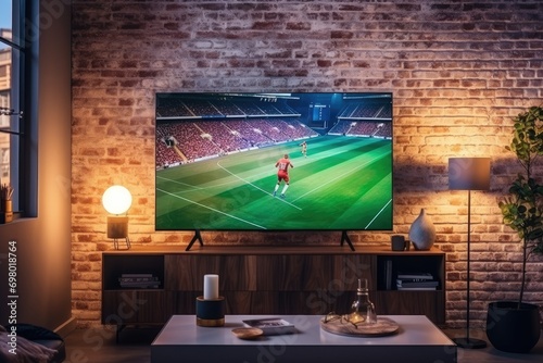 Cozy Living Room Setup with Soccer Game on Big Screen TV photo