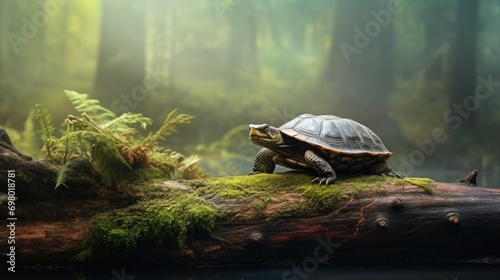 An ancient-looking turtle resting on a weathered log in a misty forest pond photo