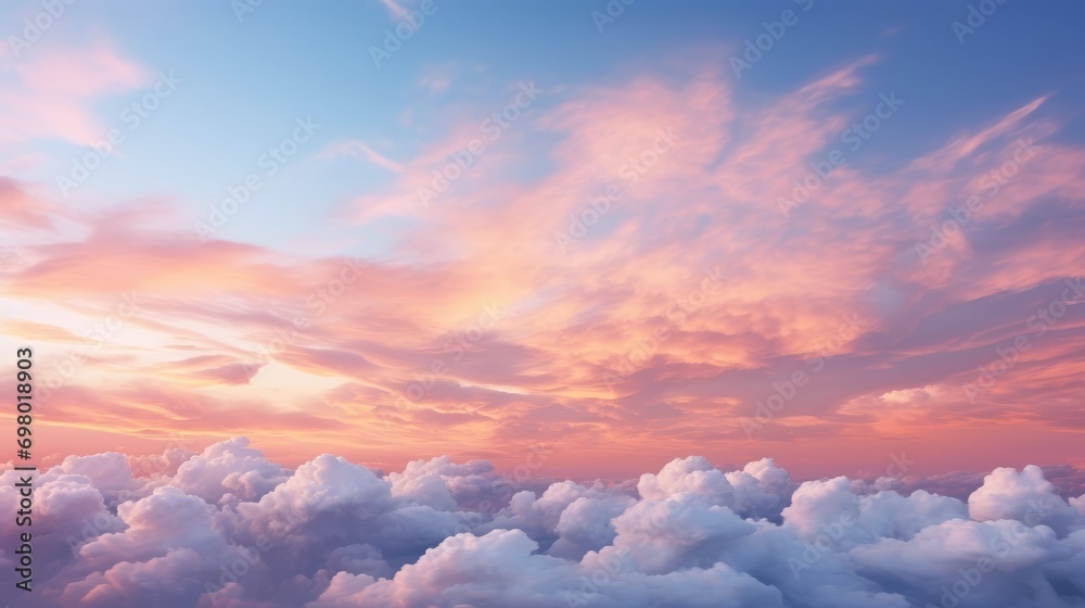 Sky at sunset, sky at sunrise, clouds, orange clouds cirrus clouds, cumulus clouds, sky gradient, sky background at dusk, twilight, nightfall, pink sky, pink clouds, sun, environment, Generative Ai 