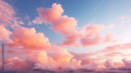 Sky at sunset, sky at sunrise, clouds, orange clouds cirrus clouds, cumulus clouds, sky gradient, sky background at dusk, twilight, nightfall, pink sky, pink clouds, sun, environment, Generative Ai  © Nakron