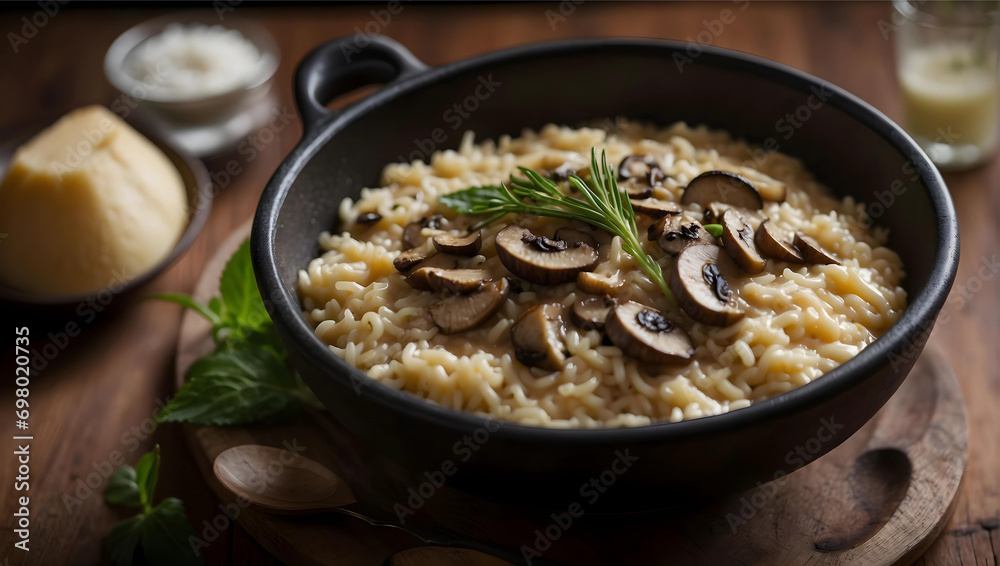A dish of Italian cuisine - risotto from rice and mushrooms A dish of Italian cuisine - risotto from rice and mushrooms