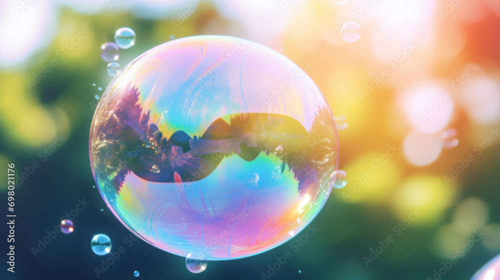 A close-up of a colorful soap bubble reflecting trees in a vibrant outdoor setting. A close-up of a colorful soap bubble reflecting trees in a vibrant outdoor setting.