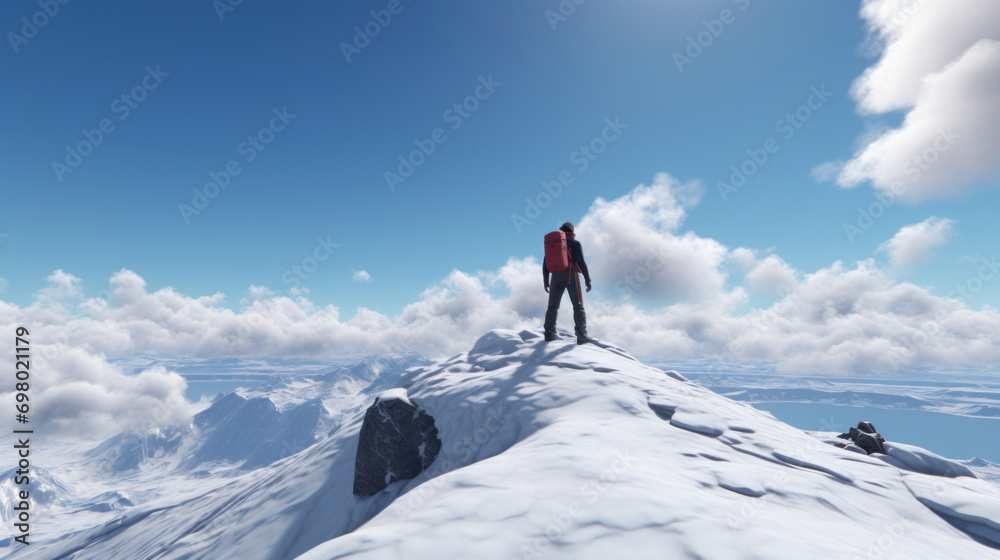 Solitary traveler on a snowy ridge overlooking vast snow-covered mountains under a cloudy sky.