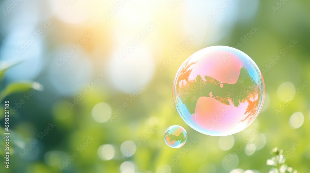 A delicate soap bubble floats among green foliage under a sunlit sky, reflecting the surrounding nature. A delicate soap bubble floats among green foliage under a sunlit sky, reflecting the surrounding nature.