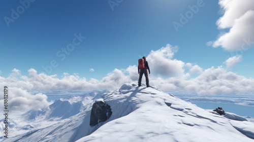 Solitary traveler on a snowy ridge overlooking vast snow-covered mountains under a cloudy sky.