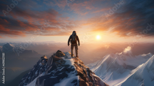 An explorer stands facing a breathtaking sunrise from the summit of a snow-covered mountain.
