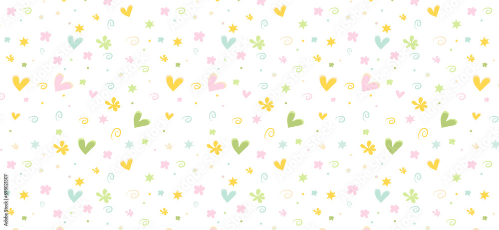 A pattern composed of hearts and cute shapes  on a light background. Simple pattern design template. - obrazy, fototapety, plakaty 