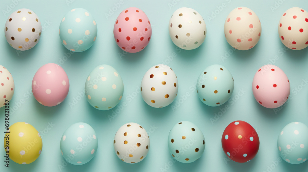 A playful collection of Easter eggs with polka dot patterns arranged on a turquoise blue background. A playful collection of Easter eggs with polka dot patterns arranged on a turquoise blue background.