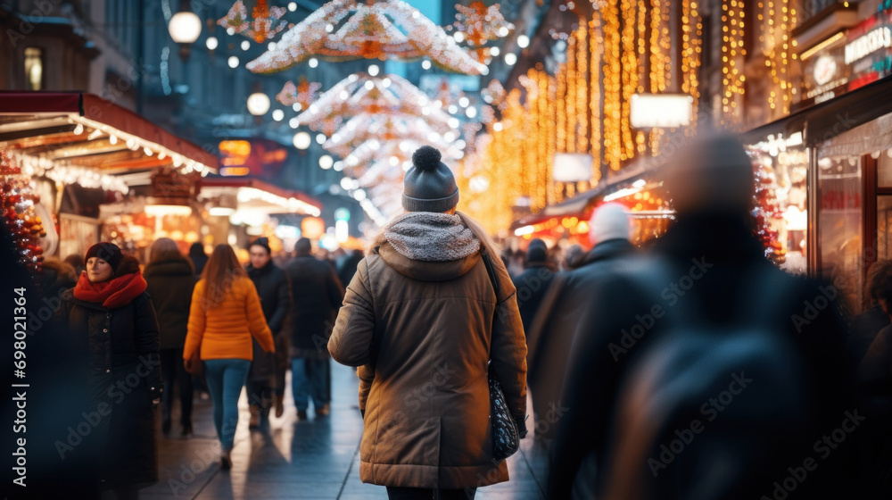 A person walks through a bustling Christmas market adorned with bright festive lights in the evening.