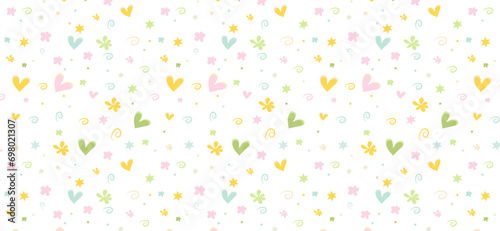 A pattern composed of hearts and cute shapes  on a light background. Simple pattern design template.