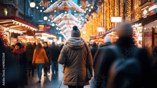 A person walks through a bustling Christmas market adorned with bright festive lights in the evening.