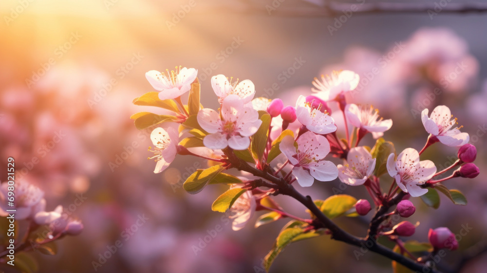 Golden sunlight bathes a branch of cherry blossoms, highlighting the pink hues and signaling the warmth of spring.